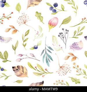 Aquarell Blumen blühen nahtlose Muster in Pastellfarben. Nahtlose Hintergrund mit bloossom Blumen und Blätter, Boho Abbildung. Design für Einladung, Hochzeit oder Grußkarte Stockfoto