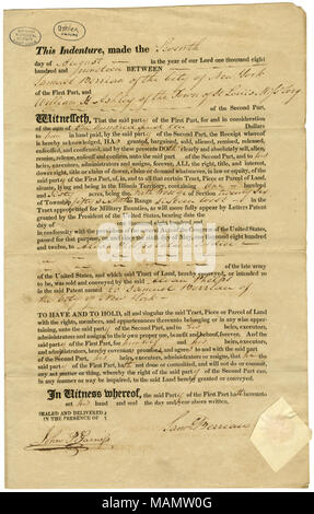 Land besteht aus Nordwesten Viertel von Abschnitt 26, Gemeinde 56 Nord, Bereich 16 West. Land von alwan Phelps (Ende ein Soldat), von der die Regierung für militärische Bounty. Titel: Brief von Samuel Berrian der Stadt New York, William H. Ashley, St. Louis, Missouri, für 160 Morgen von Missouri militärischen Bounty Land für $ 110, 7. August 1819. 7. August 1819. Stockfoto