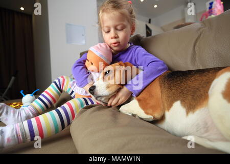 Mädchen und Hund sind beste Freunde Rest auf Sofa. Müde beagle Hund und Besitzer nach dem Spielen. Stockfoto