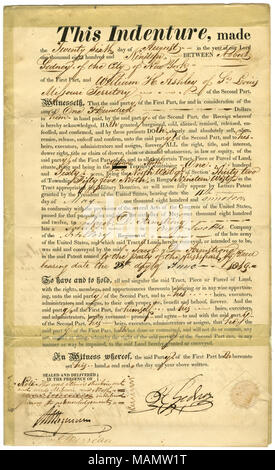 Land besteht aus Nordwesten Viertel von Abschnitt 32, Gemeinde 55 Nord, Bereich 19 West. Titel: Brief von Robert Gedney, in New York, von William H. Ashley, St. Louis, Missouri Gebiet, für 160 Morgen von Missouri militärischen Bounty Land für $ 100, August 26, 1819. 26. August 1819. Stockfoto