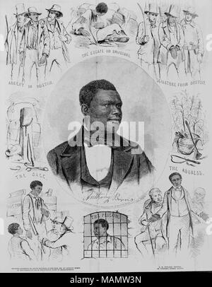 Ein Porträt der Fugitive slave Anthony Burns, deren Verhaftung und Prozess unter der Fugitive slave Act von 1850 die Unruhen und Proteste der Abolitionisten und die Bürger von Boston im Frühjahr 1854 berührt. Eine Büste Porträt der 24-jährige Brennt, 'Drawn von Barry aus einem daguereotype [sic] von Whipple und Schwarz," durch Szenen aus seinem Leben umgeben. Hierzu gehören (im Uhrzeigersinn von links unten): der Verkauf des jugendlichen Verbrennungen an der Auktion, einen Schlagsahne Post mit Ballen Baumwolle, seine Verhaftung in Boston am 24. Mai 1854, seiner Flucht aus Richmond auf Schiffen, seine Abreise aus Boston, begleitet von fede Stockfoto
