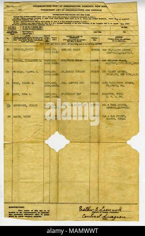 Dies ist eine Liste von der Einschiffung in Hoboken, New Jersey. Aufgeführt sind mehrere Namen des Chirurgen Dr. Esther E. Leonard. Dr. Leonard diente als Vertrag Chirurg während des Ersten Weltkrieges in der U.S. Army Allgemeine Krankenhaus Nr. 1 in New York City und bei einer Evakuierung Krankenhaus in Vichy, Frankreich. Titel: Vertrag Chirurg Fahrgastliste, 1917-1919. zwischen 1917 und 1919. Leonard, Esther, 1892 - Stockfoto