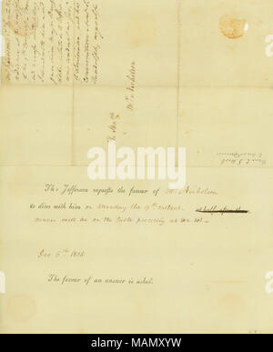 Eine Notation von Nicholson erklärt, dass er mit Jefferson speisten, und beschreibt dies als eine Einladung zum Abendessen auf der ersten Tagung der 9. Kongress. Er gab Jefferson ein Schreiben in Bezug auf das Verhalten von Wilkinson als Gouverneur von Louisiana. Titel: Einladung Joseph] Nicholson an [mit Präsident Jefferson mit Name, Datum und Uhrzeit in Jefferson's Hand geschrieben, 6. Dezember 1805 zu speisen. Vom 6. Dezember 1805. Jefferson, Thomas, 1743-1826 Stockfoto