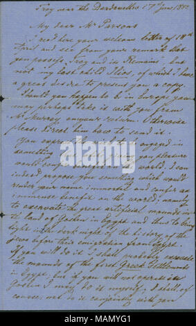 Sendet seinem Buch "Ilios", und lädt Parsons in Ägypten auszugraben. Titel: Brief von Heinrich Schliemann, Troy in der Nähe der Dardanellen, Charles Parsons, 17. Juni 1882. 17. Juni 1882. Schliemann, Heinrich Stockfoto