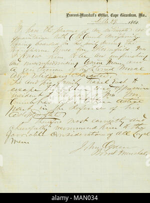 Zugriffe sicheres Verhalten für C.B. Crumb Osten zu reisen. Titel: Schreiben vom Transit unterzeichnet John Ogden, Propst Marschallamt, Cape Girardeau, Mo, 29. September 1862. 29. September 1862. Ogden, John Stockfoto