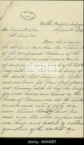 Enthält Erinnerungen an seinen Dienst bei der Missouri State Guard und später im 16 Missouri Infanterie (Verbündete). Enthält kurze Darstellung der Schlacht von Lone Jack, Missouri. Mit Umschlag. Titel: Brief unterzeichnet Lewis C. Eichler, Butler, Bates County, Missouri, um James W. Allen, St. Louis, 1. September 1907. 1. September 1907. Eichler, Lewis, C. Stockfoto