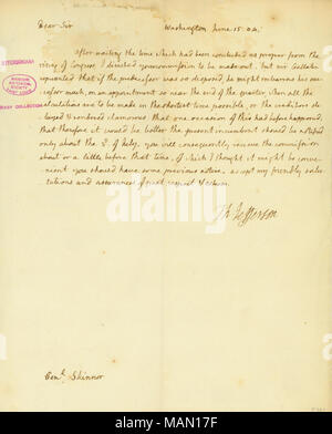 Erklärt, dass er seine Kommission am oder vor dem 3. Juli erhalten. Titel: Brief unterzeichnet Thomas Jefferson, Washington, zu Allgemeinen Skinner, 15. Juni 1804. 15. Juni 1804. Jefferson, Thomas, 1743-1826 Stockfoto