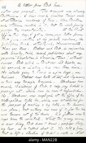 Beschreibt ein Schreiben von Bob Gun empfangen. Titel: Thomas Butler Gunn Tagebücher: Band 17, Seite 75, 20. Juli 1861. 20. Juli 1861. Gunn, Thomas Butler, 1826-1903 Stockfoto