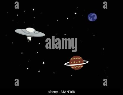 Einfache Abbildung eines UFO Raumschiff im Weltall mit Planeten. Stock Vektor