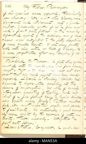 Mit Gunn's Beschreibung seiner Erfahrungen als Kriegsberichterstatter für die New York Tribune" am Virginia, South Carolina, Georgia und Florida, vor allem Hilton Head, Port Royal, St. Augustine, Key West, und das Ende seiner Erfahrungen mit der Armee des Potomac während der Halbinsel Kampagne, wenn Er hatte Camp wegen Krankheit zu verlassen. Titel: Thomas Butler Gunn Tagebücher: Band 20, 23. Mai - 30. September 1862. 1862. Gunn, Thomas Butler, 1826-1903 Stockfoto