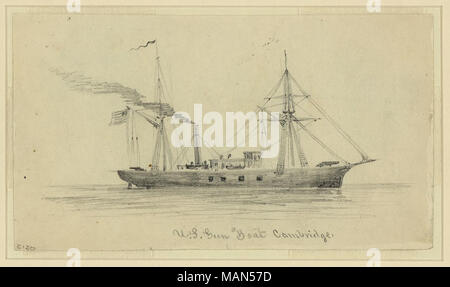 Us-kanonenboot Cambridge. Breitseite anzeigen Dampfschiff. 1 Zeichnung auf Elfenbein Papier -?: Bleistift -?; 9,4 x 16,7 cm. (Blatt). USS Cambridge (1861) war eine schwere (868 lange t (882 t) Dampfschiff von der Union Navy zu Beginn des Amerikanischen Bürgerkrieges gekauft. Sie wurde als kanonenboot, mit zwei 8 in (200 mm) gezogenen Gewehren ausgestattet, und die Blockade der Häfen und Wasserstraßen der Konföderierten Staaten von Amerika zugeordnet. . Zwischen 1860 und 1865. Alfred Waud - Stockfoto