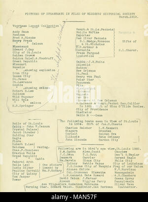 Titel: Ms. Liste der Abbildungen der Dampfschiffe in den Dateien des Missouri Historical Society, März 1919. März 1919. Stockfoto