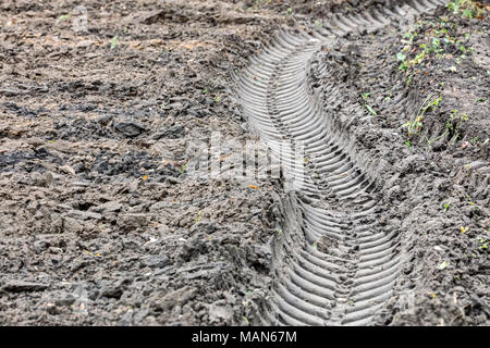 Textur von nassen braune Schlamm mit Auto oder Traktor reifen Titel Stockfoto