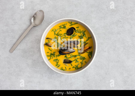 Butternut Kürbis Suppe mit Miesmuscheln in einer Schüssel auf grauem Hintergrund mit kopieren. Ansicht von oben. Stockfoto