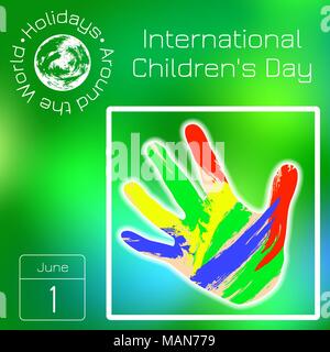 Kalender. Urlaub rund um die Welt. Ereignis des Tages. Grüne blur Hintergrund - Name, Datum, Abbildung. Internationalen Tag der Kinder. Kinder Palmen Stock Vektor