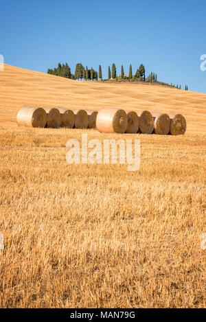 Schöne typische Landschaft des Val d'Orcia in der Toskana mit Strohballen auf einem Feld im Sommer, Val d'Orcia, Toskana, Italien Stockfoto