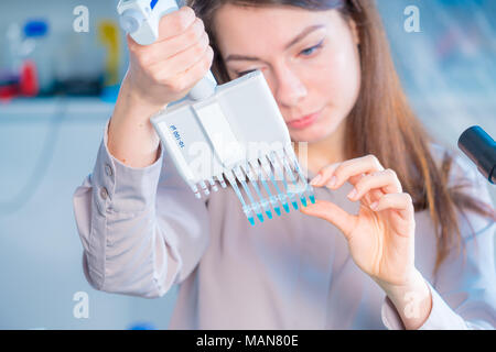 Student Frau mit multi Pipette und andere PCR-Produkte in der mikrobiologischen/genetischen Labor Stockfoto