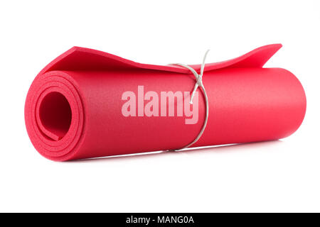 Matte für Fitness, Yoga und Pilates auf weißem Hintergrund Stockfoto