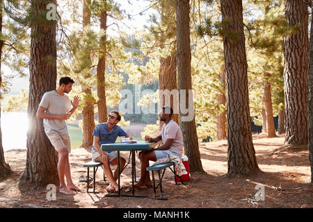 Drei männlichen Freunden rumhängen sprechen von einem See Stockfoto