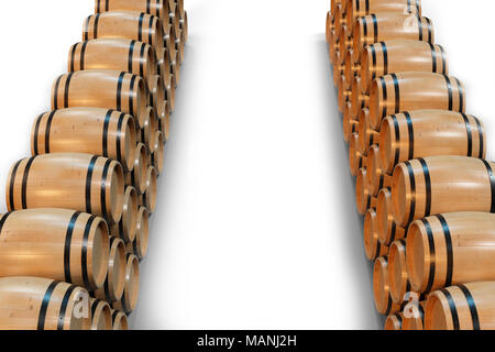 3D-Illustration Holzfässer Wein auf weißem Hintergrund. Alkoholisches Getränk in Holzfässern, wie Wein, Cognac, Rum, Brandy. Stockfoto