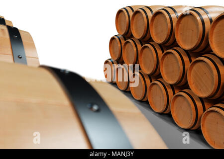 3D-Hintergrund Fässer Wein. Alkoholisches Getränk in Holzfässern, wie Wein, Cognac, Rum, Brandy. Stockfoto