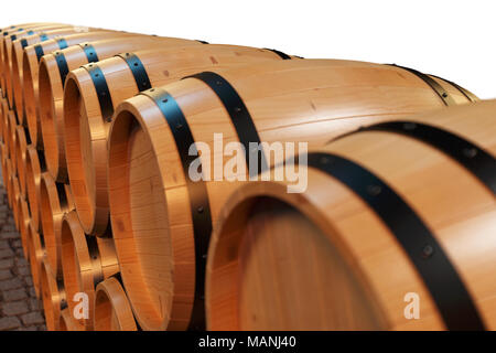 3D-Hintergrund Fässer Wein. Alkoholisches Getränk in Holzfässern, wie Wein, Cognac, Rum, Brandy. Stockfoto