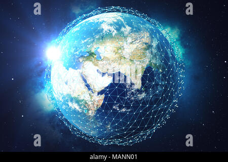 3D-rendering Netzwerk und Datenaustausch über den Planeten Erde im Weltraum. Verbindung Linien um die Erdkugel. Blue Sunrise. Globale internationale Konnektivität. Elemente dieses Bild von der NASA eingerichtet Stockfoto