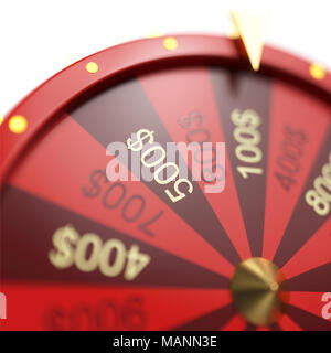 3d-Abbildung rot Rad des Glücks oder des Vermögens. Realistische spinning Fortune wheel. Rad Vermögen auf weißem Hintergrund. Stockfoto