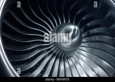 3D-Rendering Jet Engine, - aus der Nähe ansehen Jet Engine blades. Blaue Tönung. Stockfoto