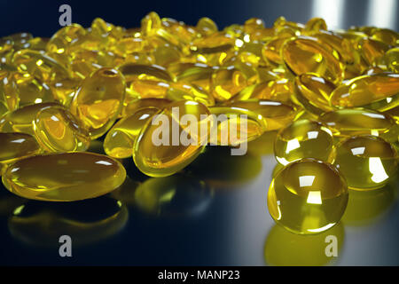 3D-Rendering Fischöl. Omega 3, Omega 6, Omega 9, Vitamin D. Haufen kapseln Omega 3 auf schwarzem Hintergrund, Lebertran Stockfoto