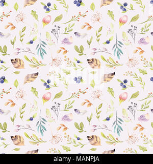 Aquarell Blumen blühen nahtlose Muster in Pastellfarben. Nahtlose Hintergrund mit bloossom Blumen und Blätter, Boho Abbildung. Design für Einladung, Hochzeit oder Grußkarte Stockfoto