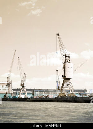 Container Hafen mit hafenkranen oder Fracht Krane. Wharf oder gütertransporte Szene, industrielle Transport oder Versand Szene. Hamburger Hafen. Stockfoto