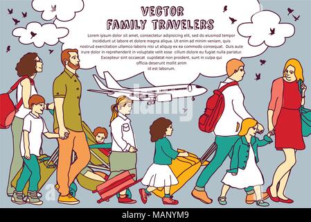 Familie reisen Gruppe Menschen und Wolken. Stock Vektor