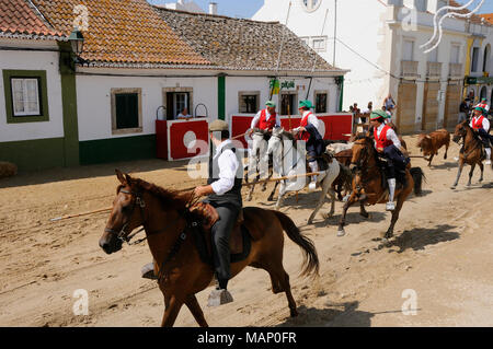 Traditionellen Betrieb der wilde Stiere durch die "Campinos", während der Festlichkeiten Barrete Verde (grüne Kappe). Alcochete, Portugal Stockfoto