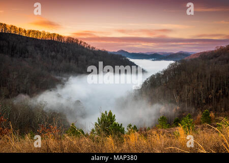 Nebel erstreckt sich ein Tal bei Sonnenaufgang. Stockfoto