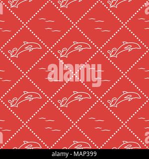 Nahtlose Muster mit Delphinen, Spritzern und Wellen. Design für Banner und Drucken. Stock Vektor