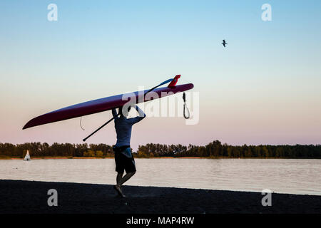 Eine Person mit einem Paddle Board auf den Kopf, Wandern am Strand. Stockfoto