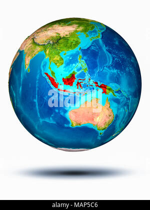 Indonesien in rot Modell des Planeten Erde schwebt im Raum. 3D-Abbildung auf weißem Hintergrund. Elemente dieses Bild von der NASA eingerichtet. Stockfoto