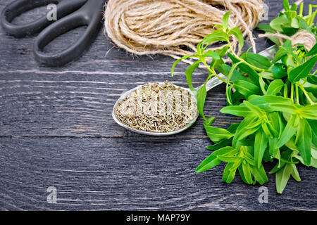 Herzhafte trocken in einem Metalllöffel, ein paar frische Kräuter, ein knäuel Garn und Schere auf dem Hintergrund einer Holzplatte Stockfoto