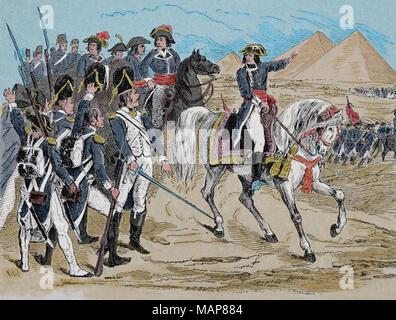 Schlacht bei den Pyramiden. Juli 21 ,1798 während der französischen Invasion in Ägypten. Französische Revolution Kriege. "Napoleon mit seinen Truppen. Stockfoto