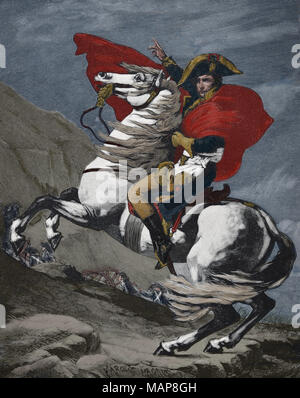 Napoleon Bonaparte (1769-1821) über die Alpen. 1800. Krieg der Französischen Revolution. Gravur aus einem Ingres' Malerei Stockfoto