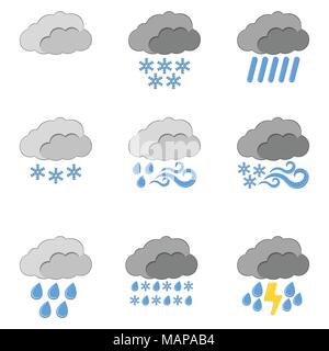 Set von 9 Wetter Symbol. Wetter label für Web auf weißem Hintergrund. Cartoon Vector Illustration Stock Vektor
