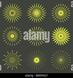 Große Retro Sun burst Formen. Vintage Logo, Etiketten, Abzeichen. Vektor Design Element isoliert. Minimale gold Feuerwerk platzen. Stock Vektor