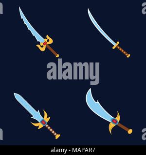 Satz von Waffe Symbol. Etikett der Phantasie und der mittelalterliche Waffe. Cartoon Stil. Vector Illustration Logo. Stock Vektor