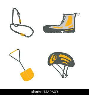 Karabiner, Wanderschuhe, Schaufel, integralhelm Symbole. Tourismus. Reise web Elemente. Vector Illustration. Stock Vektor
