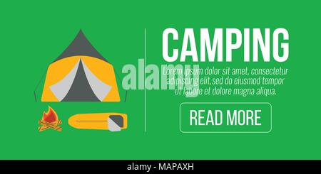 Camping Banner. Tourismus Geräte und Elemente. Vector Illustration. Stock Vektor