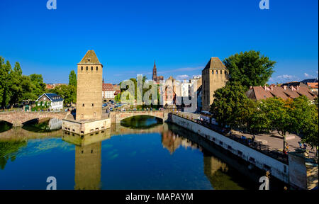 Straßburg Skyline, Ponts Couverts Brücke, überdachten Brücken, Ill, Wachtürmen, Kathedrale, La Petite France, Alsace, Frankreich, Europa, Stockfoto