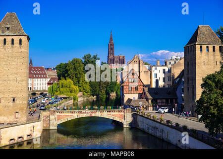 Straßburg Skyline, Ponts Couverts Brücke, überdachten Brücken, Ill, Wachtürmen, Kathedrale, La Petite France, Alsace, Frankreich, Europa, Stockfoto