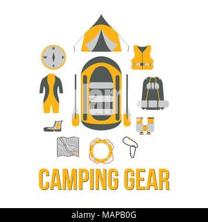 Campingausrüstung. Tourismus. River Boat Trip web Elemente. Vector Illustration. Stock Vektor