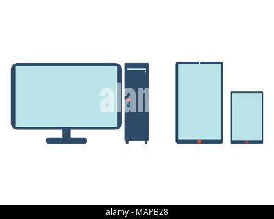 Computer, Handy und Tablet-Symbol. Flache Vector Illustration auf weißem Hintergrund. Flachbild Vector Illustration auf weißem Hintergrund. Stock Vektor